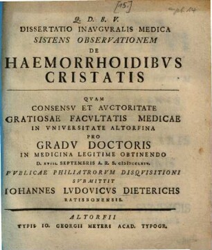 Dissertatio inauguralis medica sistens observationem de haemorrhoidibus cristatis