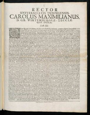 Rector Universitatis Tubingensis, Carolus Maximilianus, D. Gr. Wirtembergiae, Tecciaeque Dux &c. Lect. Sal. : Quod Aegyptii factitabant, ut ipsis conviviis sceleta inferrent ...