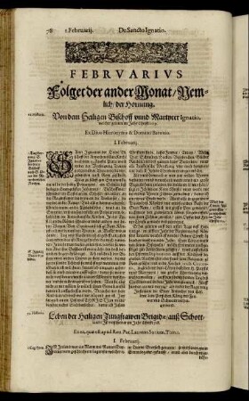 Februarius. Folget der ander Monat/ Nemlich/ der Hornung. Von dem Heiligen Bischoff unnd Martyrer Ignatio, welcher gelitten im Jahr Christi 109.