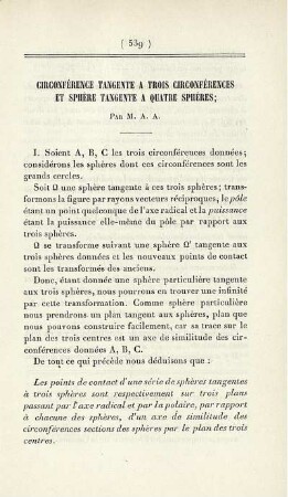 Circonférence tangente a trois circonférences et sphère tangente a quatre sphères.