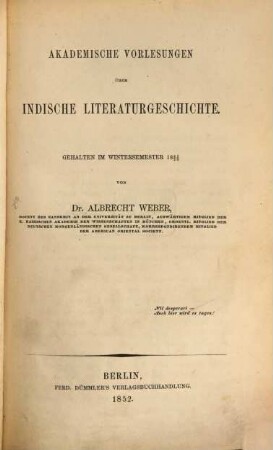 Akademische Vorlesungen über indische Literaturgeschichte : gehalten im Wintersemester 1851/52
