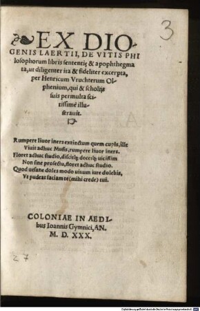 Ex Diogenis Laertii libris de vitis philosophorum sententiae et apophtegmata