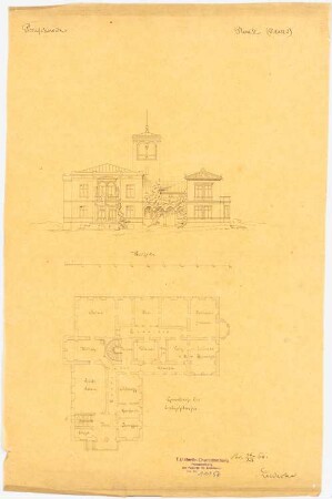Schloss Ponischowitz Umbau und Ausbau: Grundriss Erdgeschoss, Aufriss Westseite, Maßstabsleiste