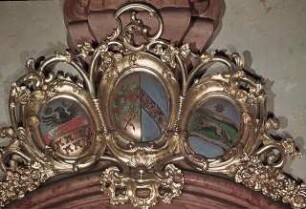 Wappen der Pröpste von Klosterneuburg von 1730 bis 1858 flankiert von Wappen der österreichischen Kronländer