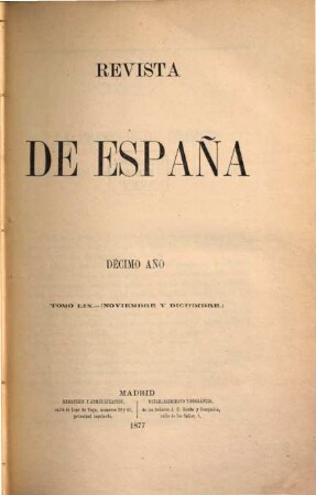 Revista de España. 59 = Año 10. 1877