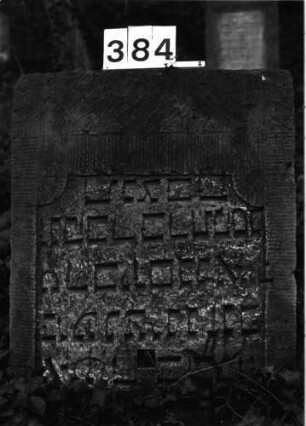Grabstein 384 (Index: 99897938) Zustand: zerbrochen; Stein steht im Boden umgekehrt Maße HxBxT: 76x60x9 cm: Grabstein 384