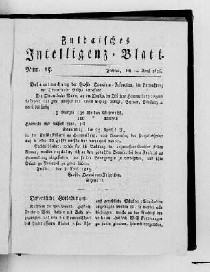Num. 15, Ausgabe vom 14. April 1815
