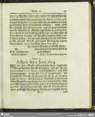Nro. 6. Actum den 1. Junij 1694
