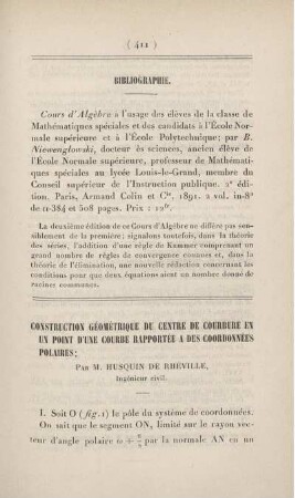 Construction géométrique du centre de courbure en un point d'une courbe rapportée a des coordonnées polaires.