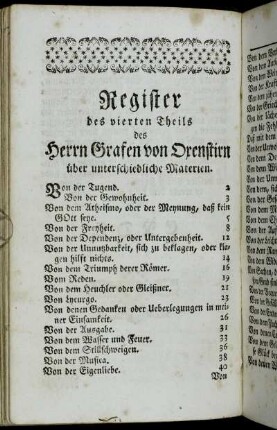 Register des vierten Theils des Herrn Grafen von Oxenstirn über unterschiedliche Materien.