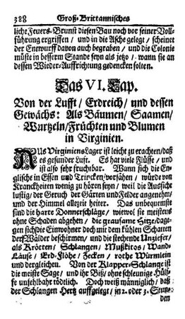 Das VI. Kap. - Von der Lufft, Erdreich und dessen Gewächs: Als Bäumen, Saamen, Wurtzeln, Früchten und Blumen in Virginien