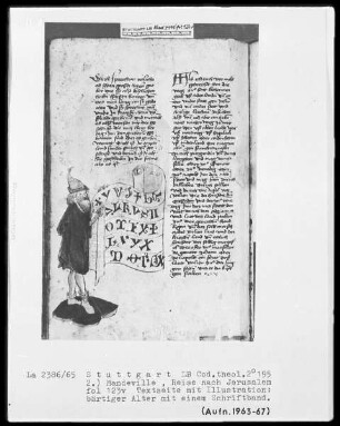 Jacob von Teramo, Belial und Johannes von Mandeville, Reise nach Jerusalem — Jean de Mandeville, Die Reise nach Jerusalem — Bärtiger Alter mit Schriftband, Folio 123verso