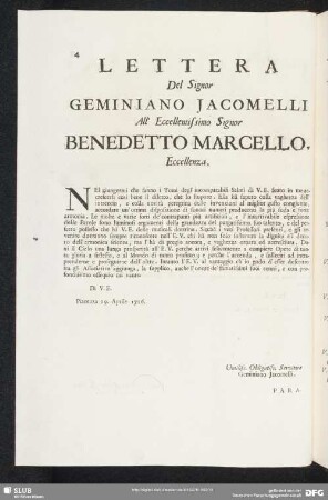 Lettera Geminiano Jacomelli - Benedetto Marcello