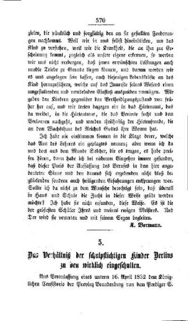 Das Verhältniß der schulpflichtigen Kinder Berlins zu den wirklich eingeschulten