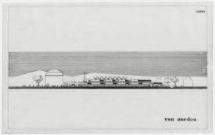 Mehrzweckhalle und Bürgerhaus Bensheim (nicht realisiert), 2. Preis – Nordansicht. Bensheim/Hessen