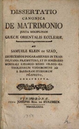 Dissertatio Canonica De Matrimonio Iuxta Disciplinam Graecae Orientalis Ecclesiae