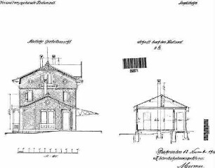 Bad Liebenzell: Empfangsgebäude mit Anbauten Giebelansicht und Schnitt durch Wartsaal