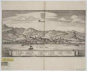 Ansicht von Bregenz, Kupferstich, um 1650? : Bregentz / [Matthaeus Merian]. - [Francof.] , [ca. 1650?]. - 1 Ansicht : Kupferst. ; 38 x 21 cm. SO oben. - Mit 1 Wappen und Erl. - Kompassrose unten links