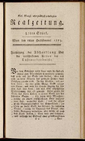 37tes Stück. Wien den 18ten Herbstmonat 1773.