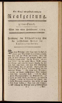 37tes Stück. Wien den 18ten Herbstmonat 1773.