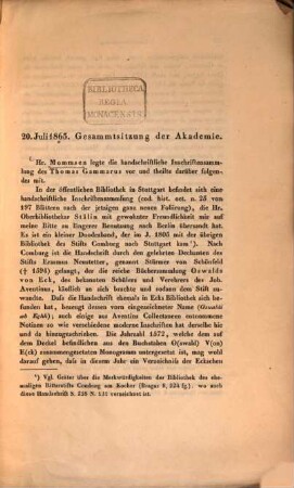 Ueber die handschriftliche Inschriftensammlung des Thomas Gammarus : Auszug aus dem Monatsbericht der k. Akad. d. Wiss. zu Berlin