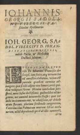 Iohannis Georgii Sadolini Vibergii Fasciculus Apollinaris.