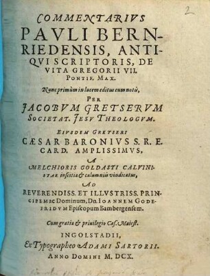 Commentarius Pauli Bernriedensis, Antiqui Scriptoris, De Vita Gregorii VII. Pontif. Max.