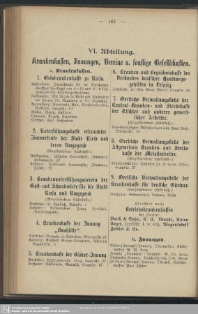 VI. Abteilung. Krankenkassen, Innungen, Vereine und sonstige Gesellschaften