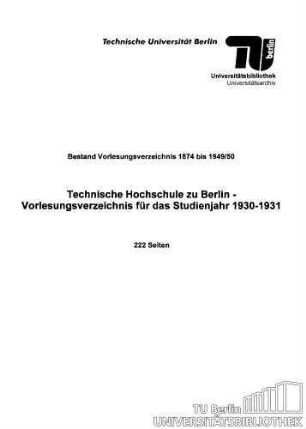 Vorlesungsverzeichnis für das Studienjahr 1930-1931