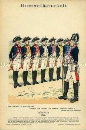 Uniformdarstellung, Gemeine und Offizier verschiedener Infanterie-Regimenter, Landgrafschaft Hessen-Darmstadt, 1799.