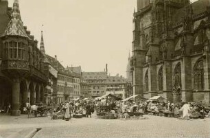 Freiburg im Breisgau. Münsterplatz. Wochenmarkt zwischen Historischem Kaufhaus (1520/1532) und Freiburger Münster (um 1200/1513)