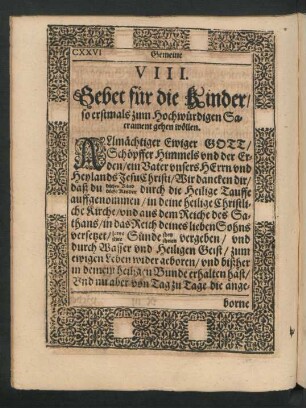 VIII. Gebet für die Kinder/ so erstmals zum Hochwürdigen Sacrament gehen wöllen.