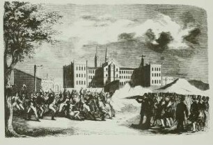 Berlin, Bürgerwehr schießt auf Arbeiter vor dem Bethanien-Krankenhaus im Oktober 1848