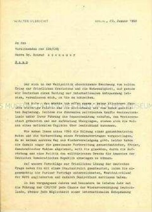 Offener Brief von Walter Ulbricht an Konrad Adenauer zur aktuellen Politik und der Lösung der "deutschen Frage"