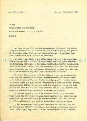 Offener Brief von Walter Ulbricht an Konrad Adenauer zur aktuellen Politik und der Lösung der "deutschen Frage"