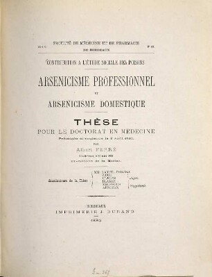 Contribution à l'étude sociale des poissons : Arsenicisme professionnel et arsenicisme domestique. Thèse ...