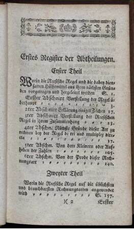 Erstes und Zweytes Register. Register der Abtheilungen und der Sachen.