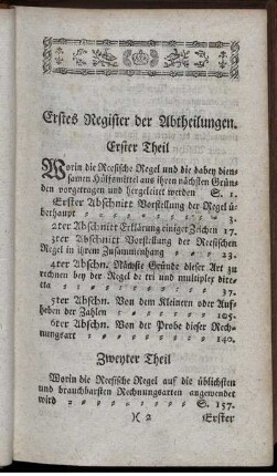 Erstes und Zweytes Register. Register der Abtheilungen und der Sachen.