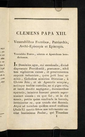I-X, Clemens Papa XIII. Venerabilibus Fratrius, Patriarchis, Archi-Episcopis et Episcopis.