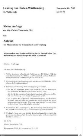 Anfrage der CDU: Memorandum zur Hochschulbildung
