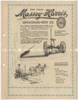 Grasmäher von der Firma Massey-Harris und Co. in Kanada