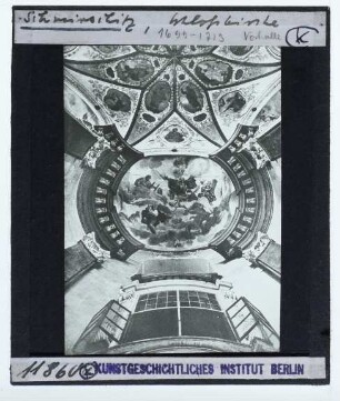 Smirschitz, Schlosskapelle Offenbarung des Herrn : Innenansicht, Detail, Blicks ins Gewölbe, Vor- und Hauptraum