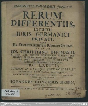 Dissertatio Inauguralis Juridica De Rerum Differentiis, Intuitu Juris Germanici Privati