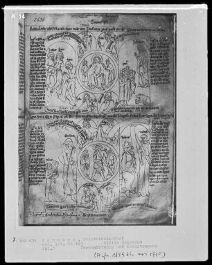 Biblia pauperum — Bildseite mit zwei Gruppen typologischer Szenen, Folio 5recto