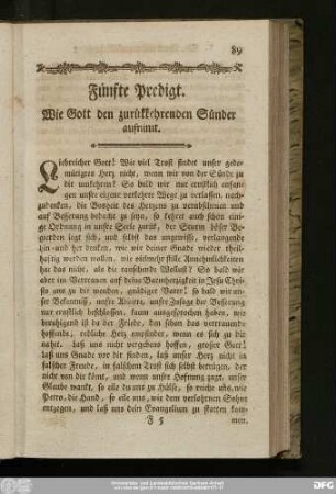 Fünfte Predigt. Wie Gott den zurükkehrenden Sünder aufnimmt.