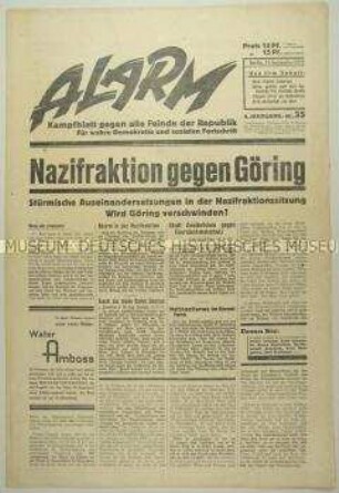 Republikanische Wochenzeitung "Alarm" u.a. zu innerparteilichen Auseinandersetzungen innerhalb der NSDAP