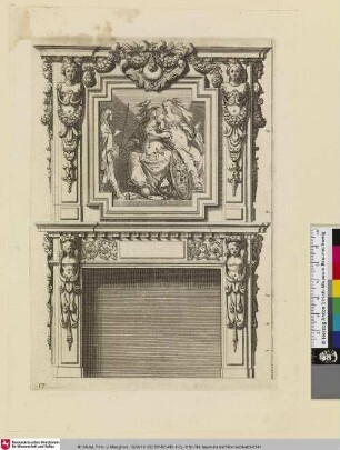 Livre d'Architecture d'Autels, et de Cheminees, Bl. 7 [Von Hermenflankierter Kamin, oberhalb ein hochrechteckiges Gemälde mit Minerva]