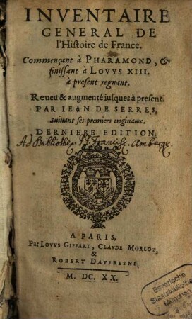 Inventaire général de l'histoire de France. 1. (1620)