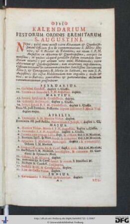 Kalendarium Festorum Ordinis Eremitarum S. Augustini.