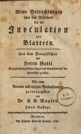 Neue Betrachtungen über das Verfahren bey der Inoculation der Blattern